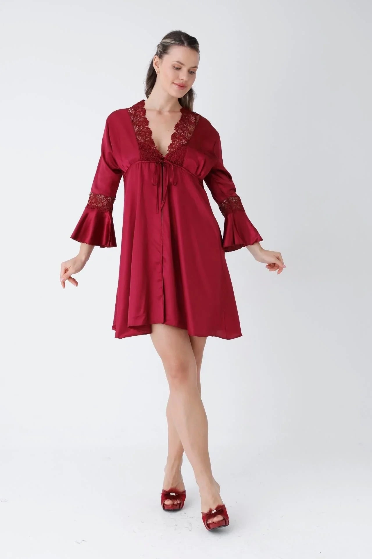 Burgundy Guipure Embroidered Satin Nightgown Dressing Gown Set