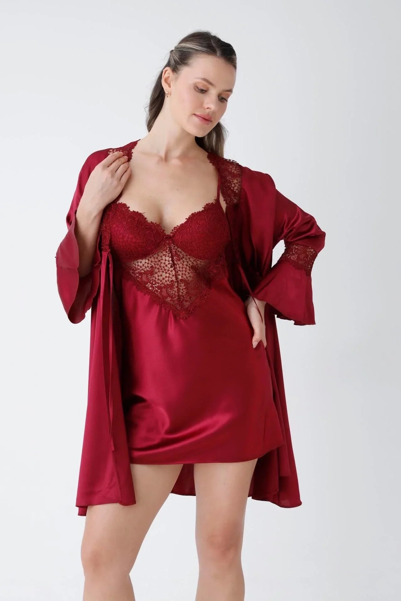 Burgundy Guipure Embroidered Satin Nightgown Dressing Gown Set