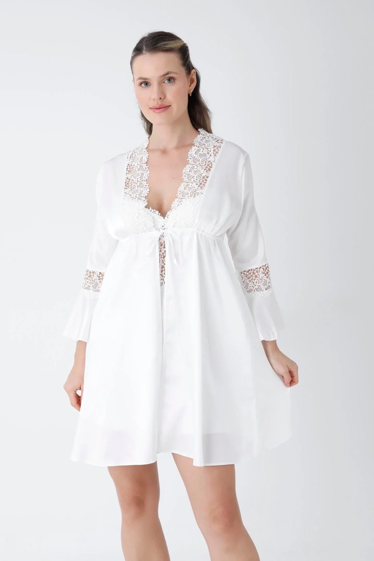 Ecru Guipure Embroidered Satin Nightgown Dressing Gown Set