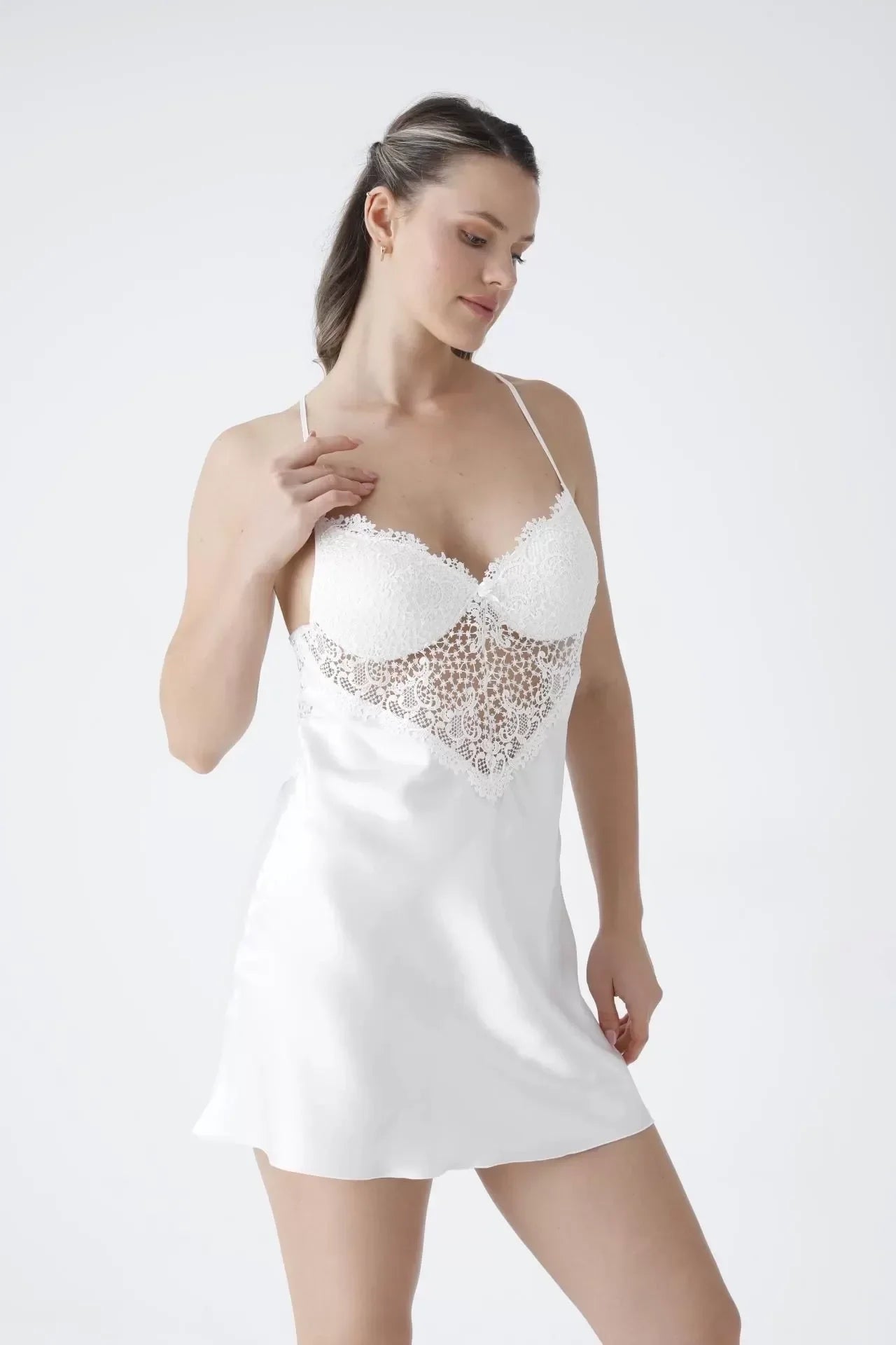 Ecru Guipure Embroidered Satin Nightgown Dressing Gown Set