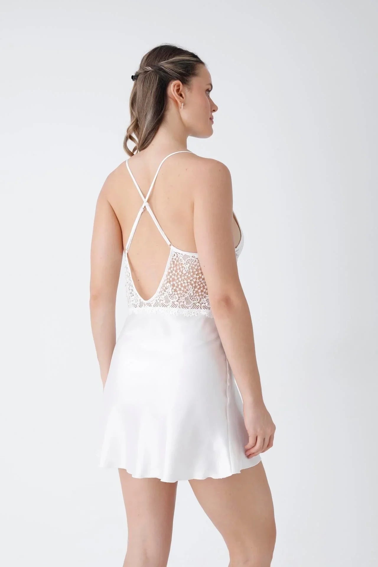 Ecru Guipure Embroidered Satin Nightgown Dressing Gown Set