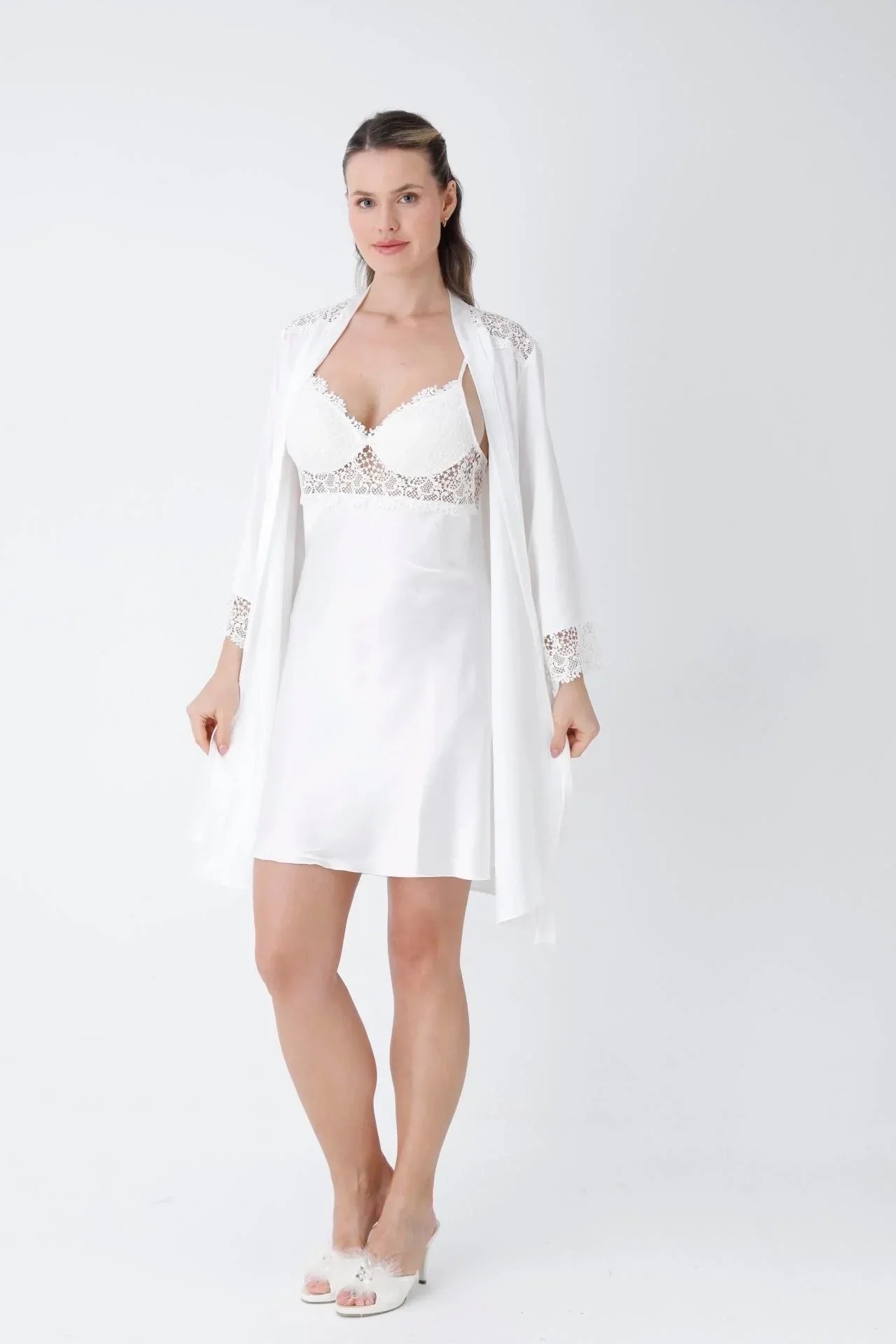 Ecru Short Nightgown Dressing Gown Set