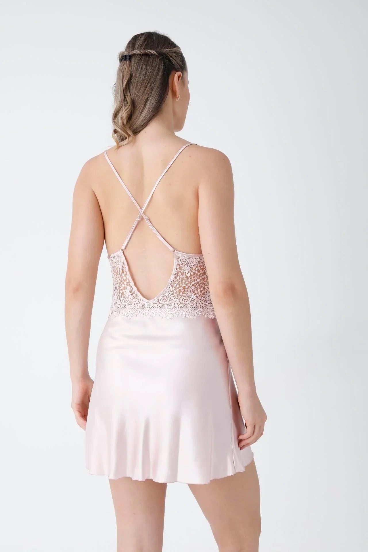 Powder Guipure Embroidered Satin Nightgown Dressing Gown Set