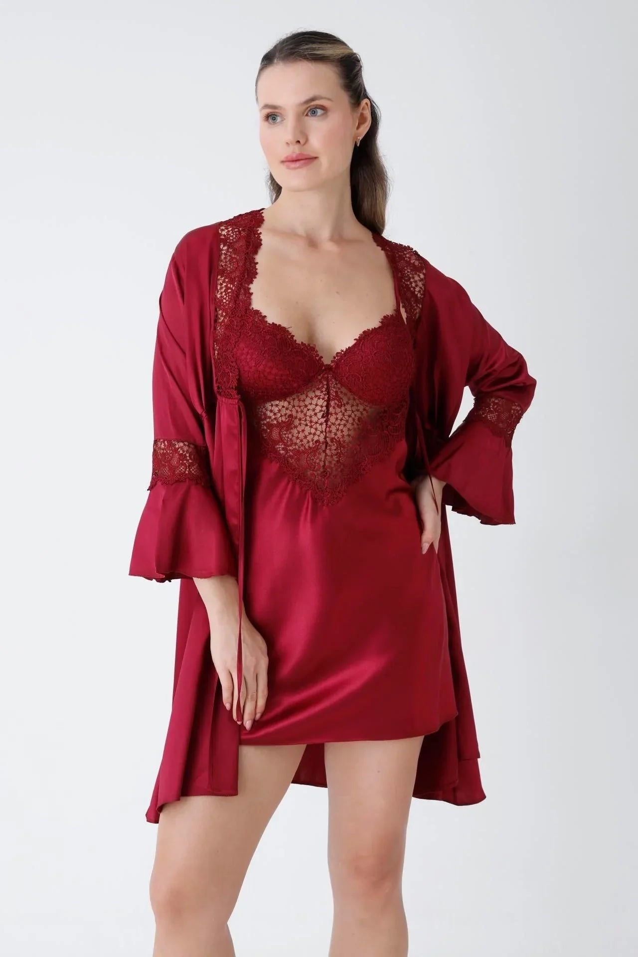 Burgundy Guipure Embroidered Satin Nightgown Dressing Gown Set