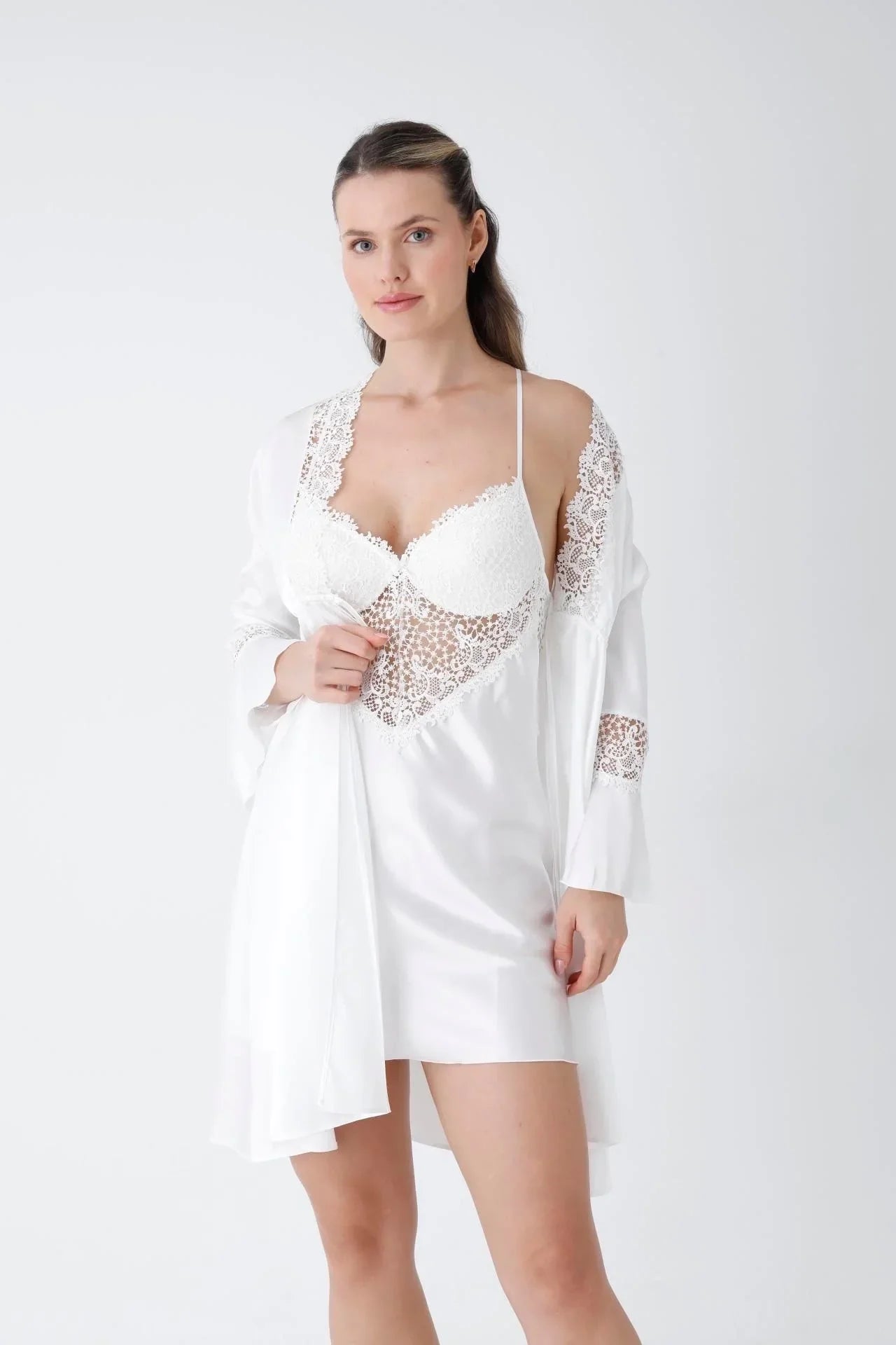 Ecru Guipure Embroidered Satin Nightgown Dressing Gown Set
