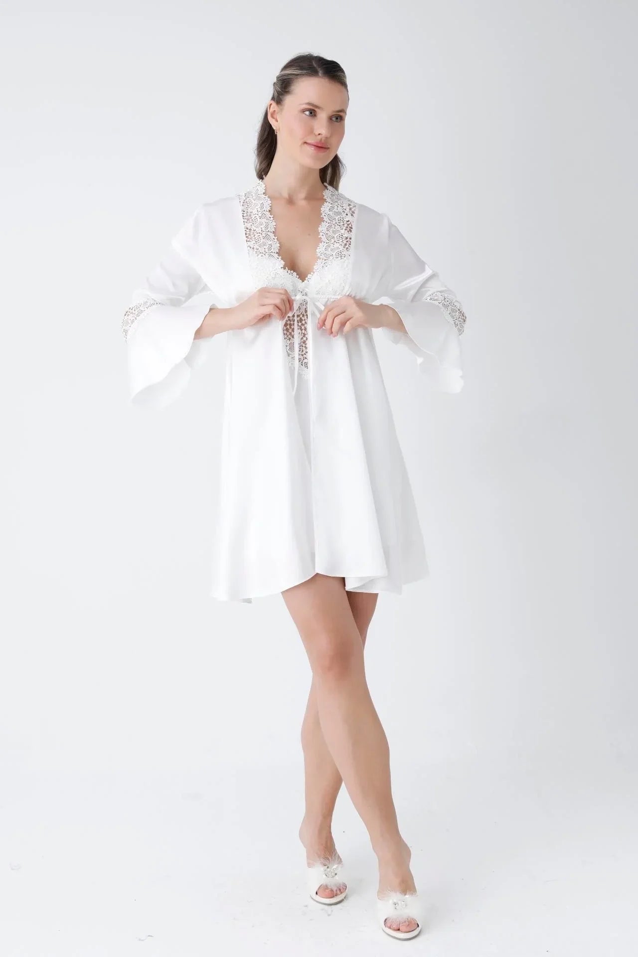 Ecru Guipure Embroidered Satin Nightgown Dressing Gown Set