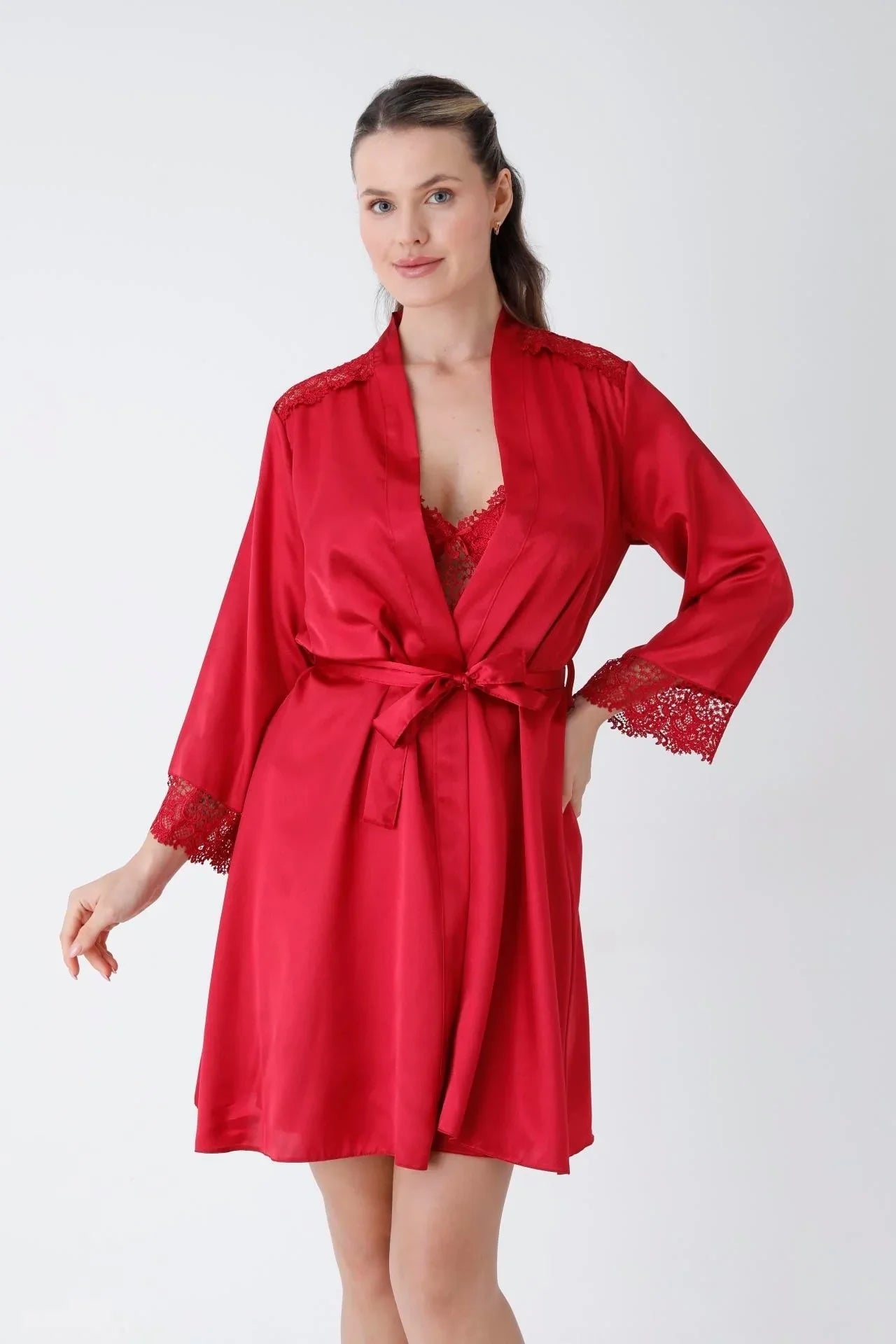 Red Short Nightgown Dressing Gown Set