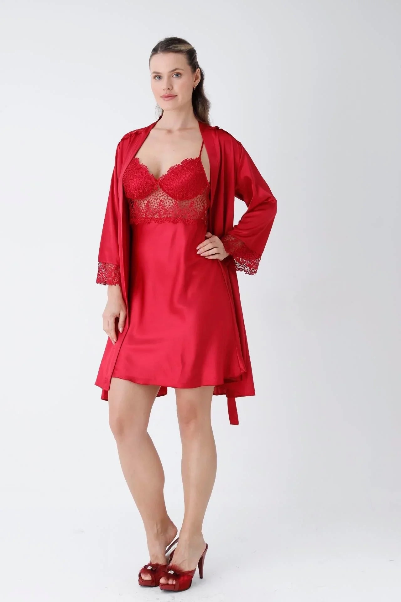 Red Short Nightgown Dressing Gown Set