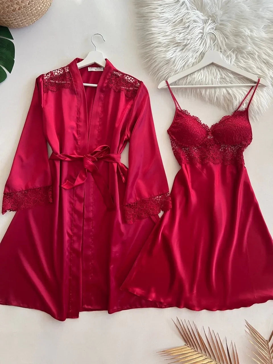 Red Short Nightgown Dressing Gown Set