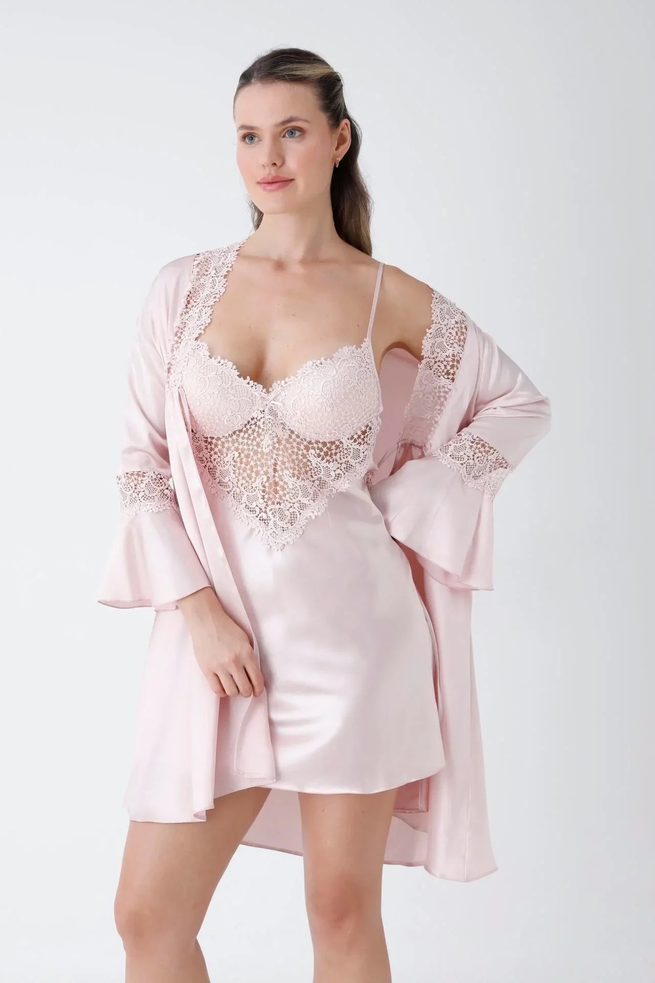 Powder Guipure Embroidered Satin Nightgown Dressing Gown Set