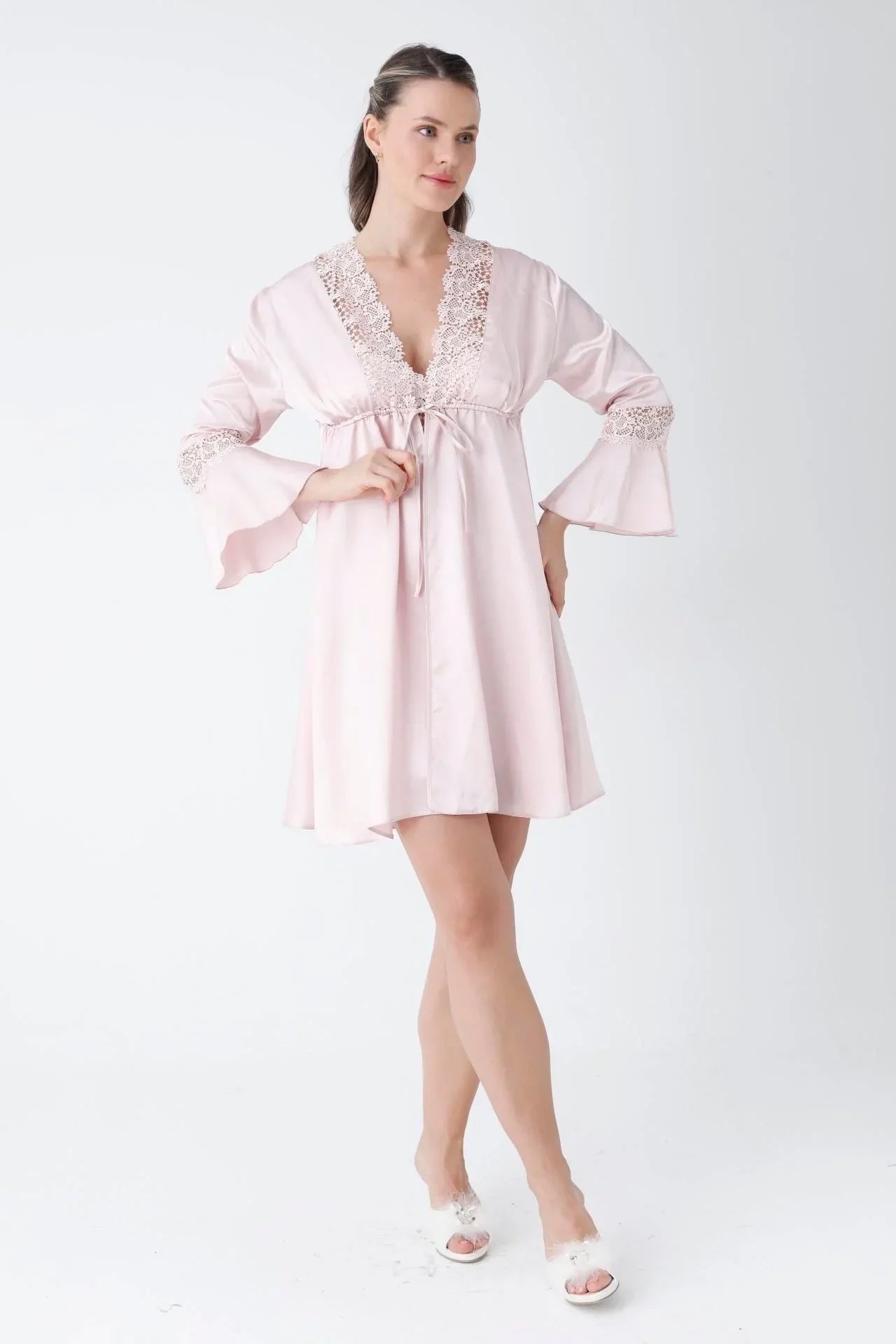 Powder Guipure Embroidered Satin Nightgown Dressing Gown Set